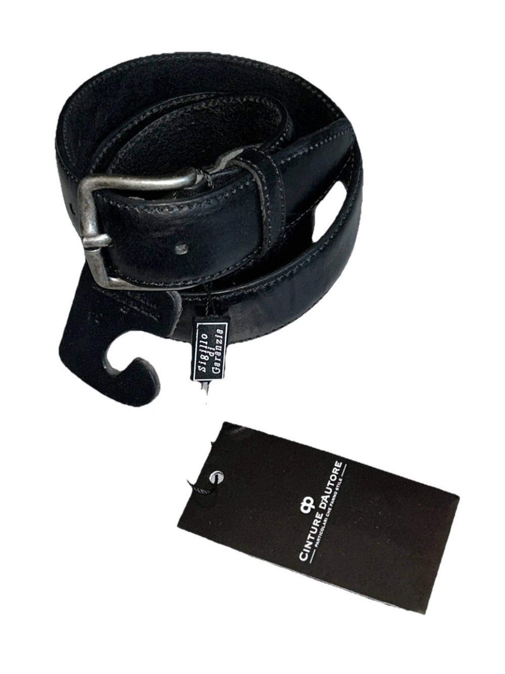 Cinture D'Autore Italy Leather Belt Size 34 Men's Black Silver Buckle NWT